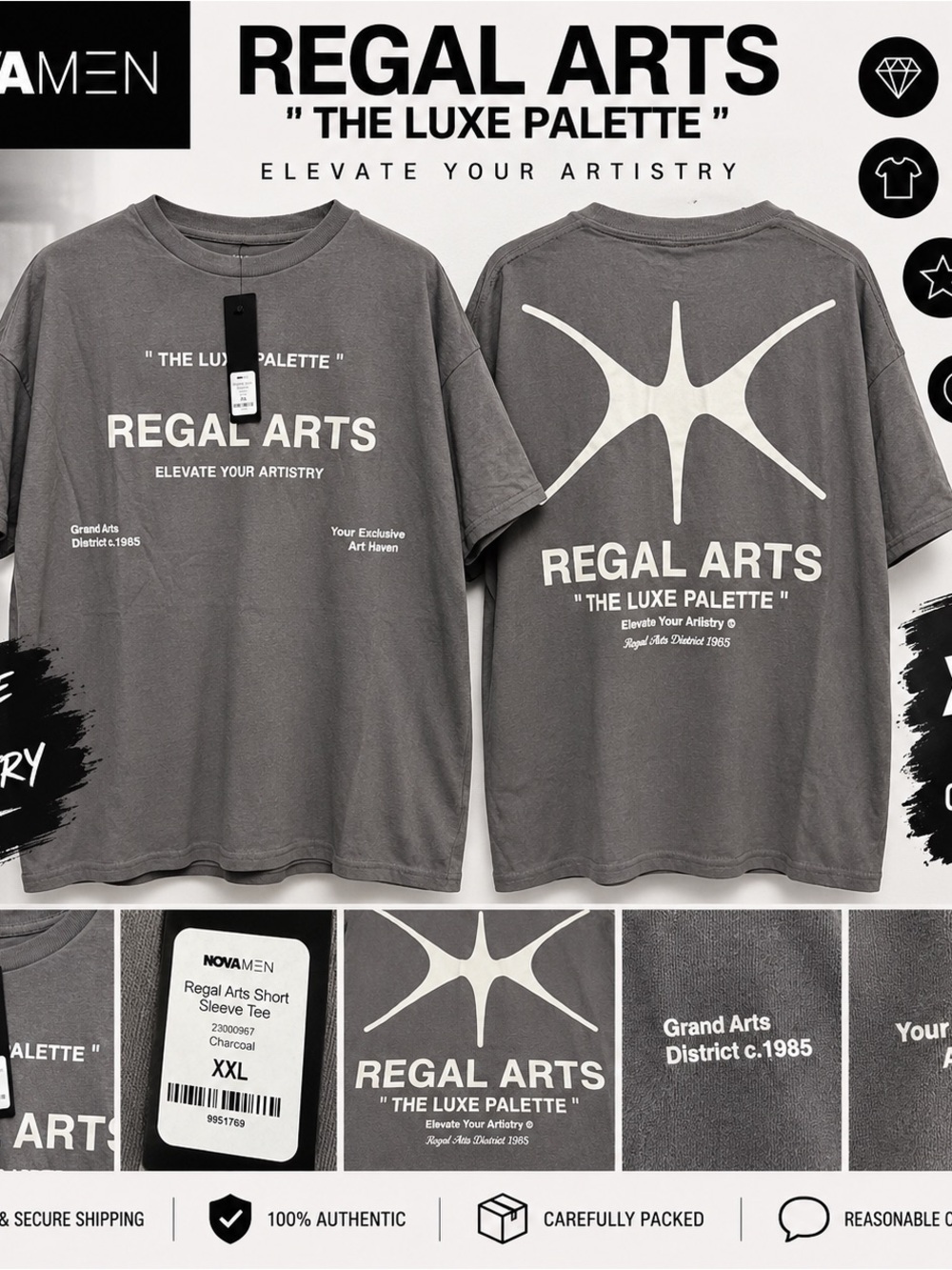 NOVAMEN Regal Arts Short Sleeve Graphic T-Shirt Charcoal XXL 2XL New With Tags